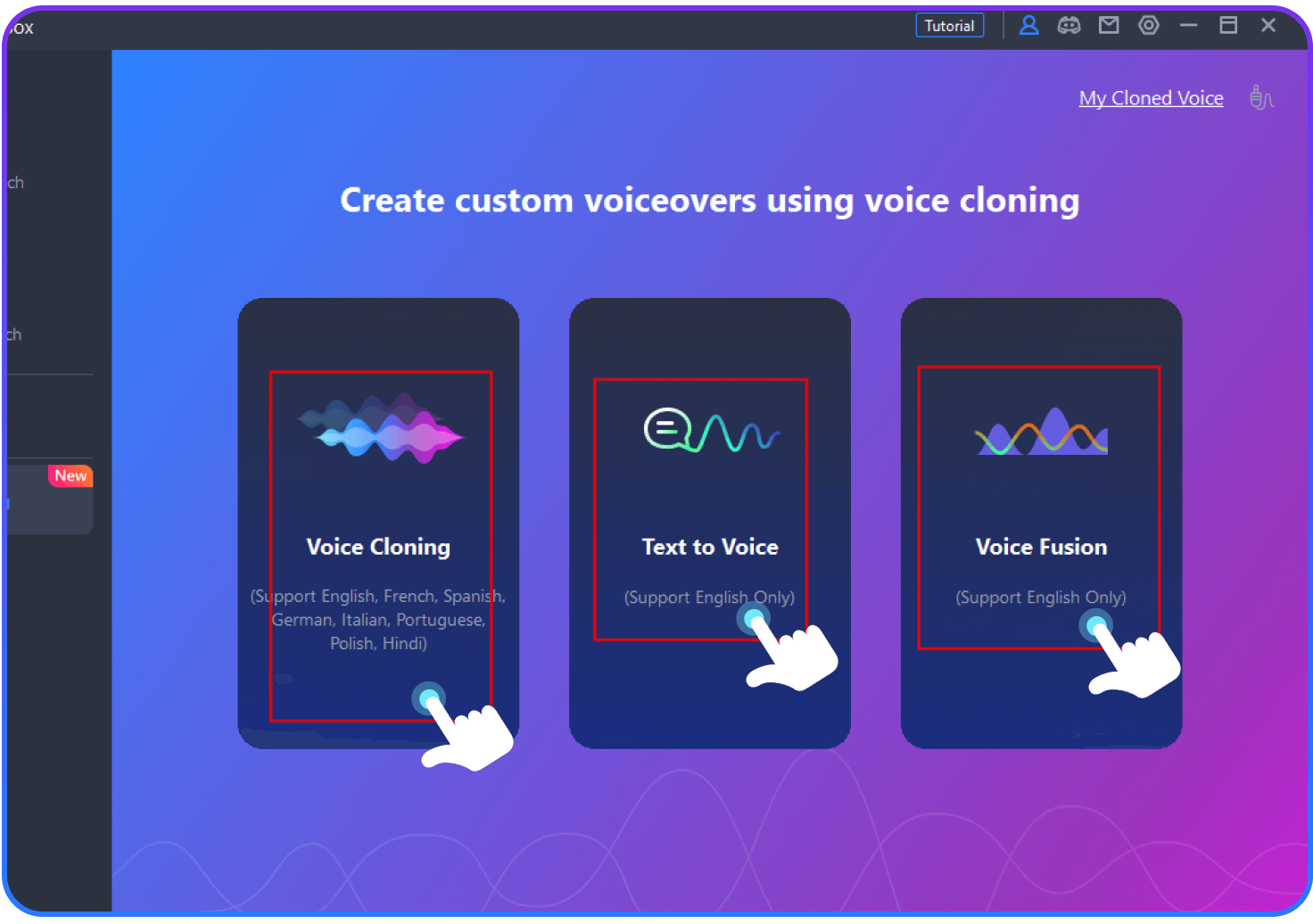 Selecteer 'Voice Clone' en zoek vervolgens de opnameomgeving